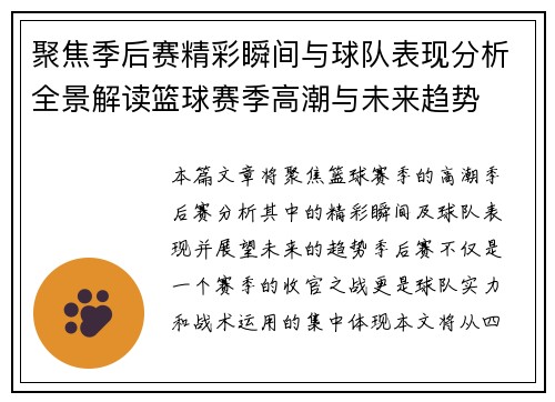 聚焦季后赛精彩瞬间与球队表现分析全景解读篮球赛季高潮与未来趋势