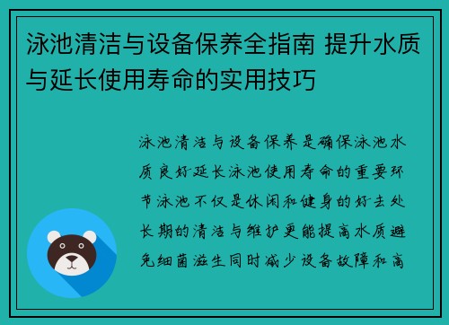 泳池清洁与设备保养全指南 提升水质与延长使用寿命的实用技巧